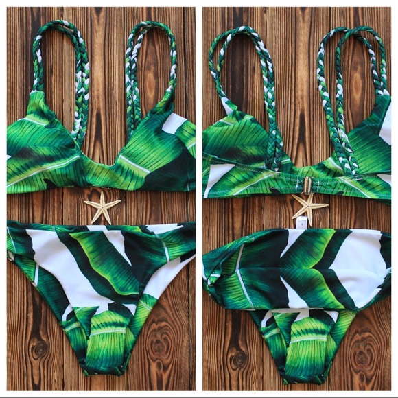Tropical Leaf Bikini Green Swimsuit Triangle Top - Picture 1 of 7